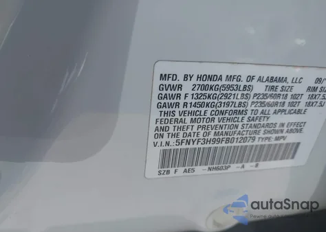 2015 Honda Pilot Touring from USA, damaged, VIN 5FNYF3H99FB012079